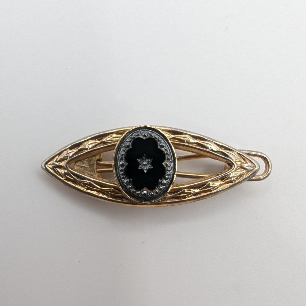 Vintage Gold Tone Black Enamel Star Marquise Bar Brooch Pin Celestial Etched